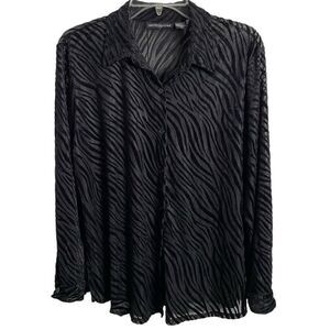 Vtg Womens Animal Print Blouse XL Black Velvet Burnout Button Up Dark Romantic